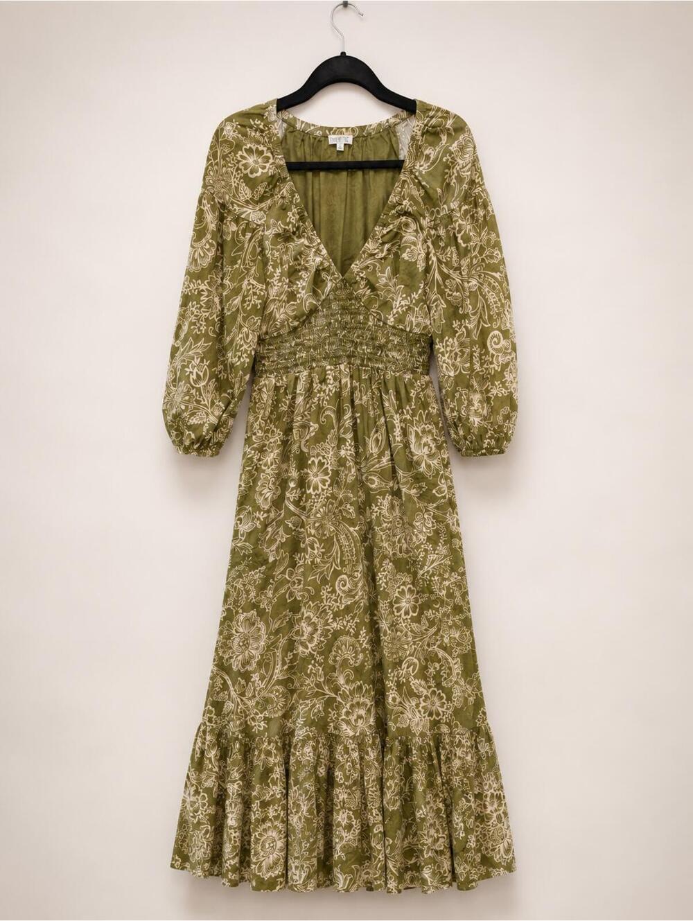 Patrons of Peace Olive Green Floral Print Long Sleeve Cotton Dress
